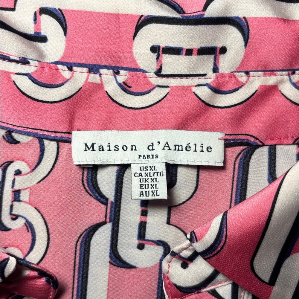 Maison d’ Amélie button down blouse pink Cuban chain link silky v veck - Picture 5 of 15